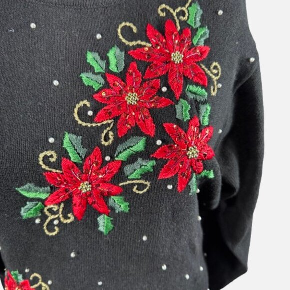 Victoria Jones Black Christmas Sweater Poinsettia Beaded Embroidery (Size 1XL) - Picture 4 of 11